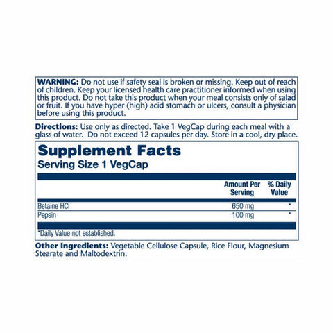 Solaray, High Potency Betaine Hcl With Pepsin, 650 Mg, 100 Veg Caps Solaray