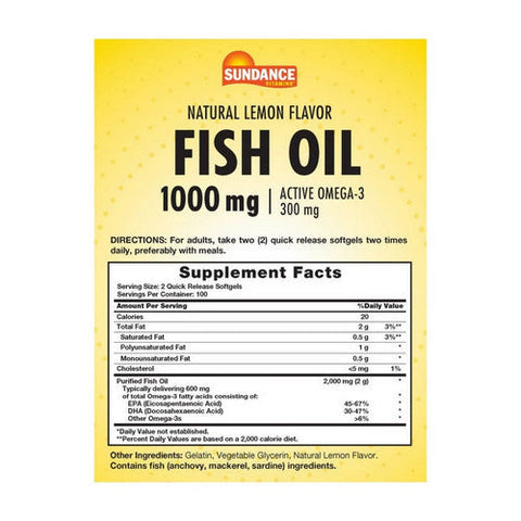 Sundance, Fish Oil Omega-3 Coated Softgels Odorless Natural Lemon, 1000 Mg, 200 Caps Sundance