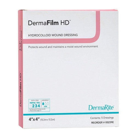 DermaRite, Hydrocolloid Dressing DermaFilm  HD 4 X 4 Inch Square Sterile, Box Of 5 DermaRite