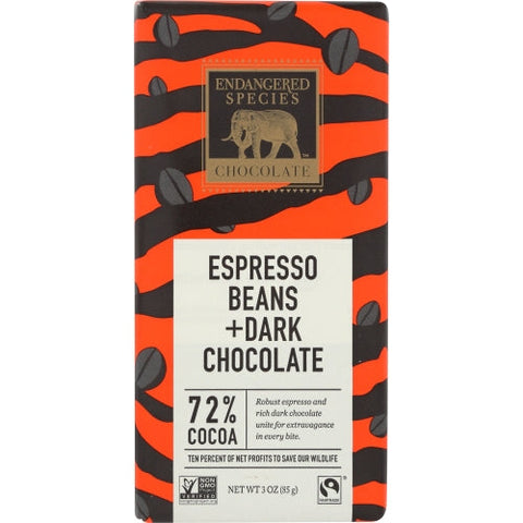 Endangered Species, Dark Chocolate Bars Espresso Beans, 3 Oz(Case Of 12) Endangered Species