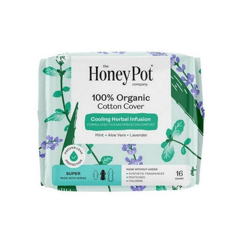 The Honey Pot, Organic Super Herbal-Infused Pads with Wings, 16 Count