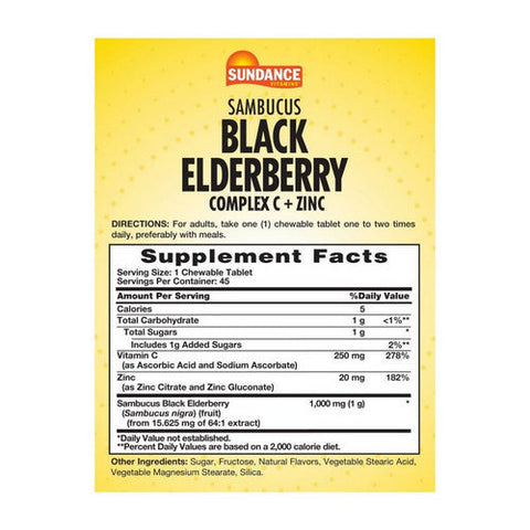 Sundance, Sambucus Black Elderberry Complex C Plus Zinc Natural Mixed Berry, 45 Tabs Sundance