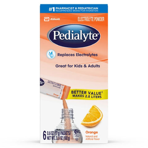 Pedialyte, Orange Pediatric Oral Electrolyte Solution 17 Gram Individual Packet, Pack Of 6 Pedialyte