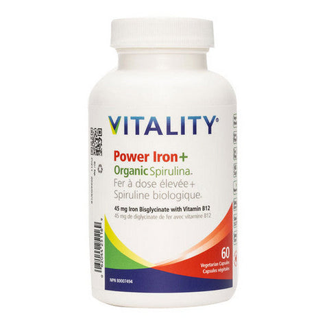 Vitality, Power Iron Plus Spirulina, 45 Mg, 60 Veg Caps Vitality