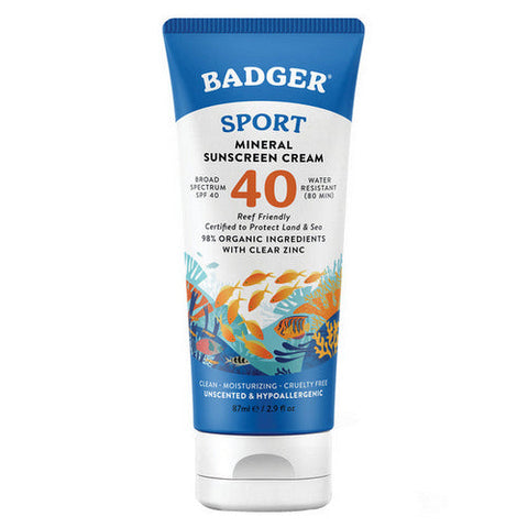 Badger Balm, Sport Mineral Sunscreen Cream SPF 40 Unscented, 2.9 Oz