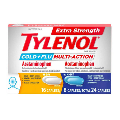Tylenol, Cold + Flu Multi-Action Caplets Day And Night Extra Strength, 24 Caps Tylenol