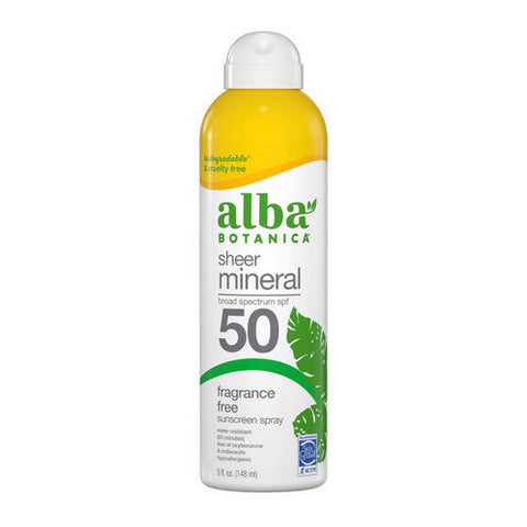 Alba Botanica, Sheer Mineral Broad Spectrum SPF 50 Fragrance Free Sunscreen Spray, 5 Oz Alba Botanica