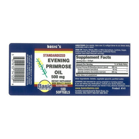 Basic Vitamins, Evening Primrose Oil, 500 Mg, 100 Softgels Basic Vitamins