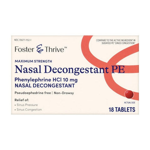 Foster And Thrive, Maximum Strength Nasal Decongestant Pe Phenylephrine Hcl, 10 Mg, 18 Tabs Foster And Thrive