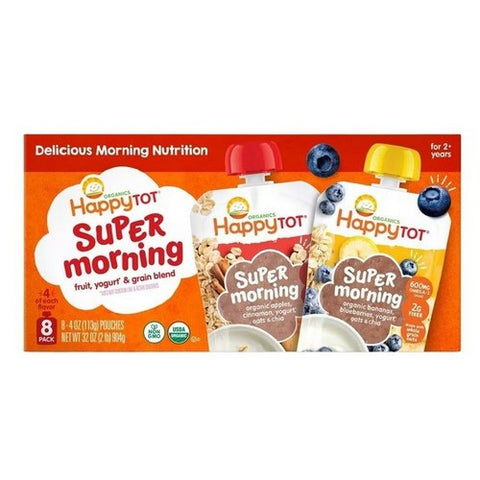 Happy Tot, Organic Super Morning Chia 2+ Years Fruit Yogurt Grain Blend, 4 Oz X 8 Count Happy Tot