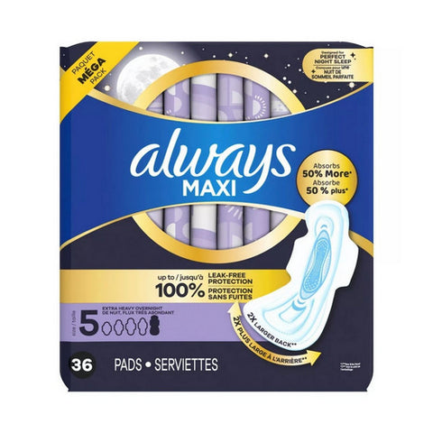Maxi Overnight Pads With Wings For Women Size 5 36 Count (Case Of 3) by Always Discreet