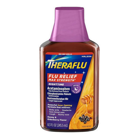 Theraflu, Flu Relief Nighttime Liquid Max Strength Honey And Elderberry, 8.3 Oz