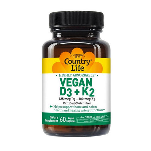 Country Life, Vegan D3 Plus K2, 60 Veg Caps Country Life