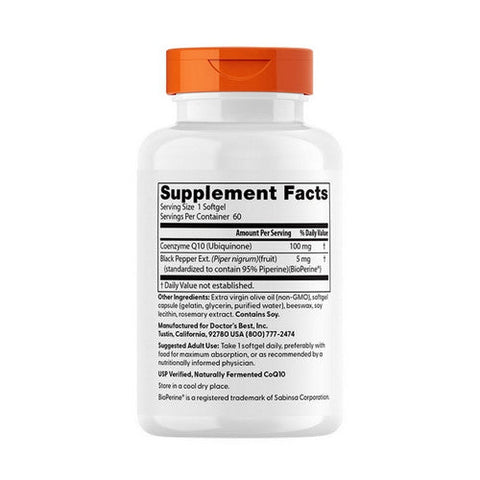 Doctors Best, High Absorption CoQ10 with Bioperine, 100 mg, 60 Softgels Doctors Best