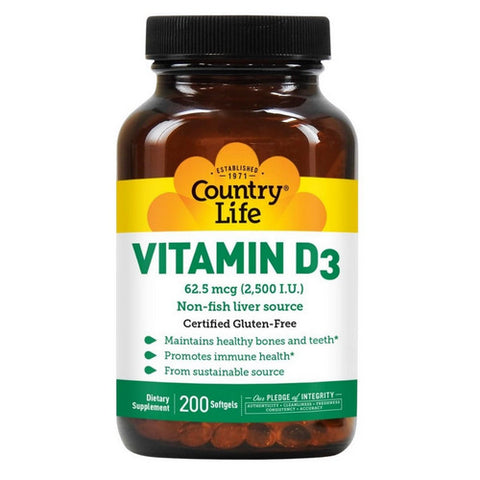 Country Life, Vitamin D3, 2500 IU, 200 Softgels Country Life