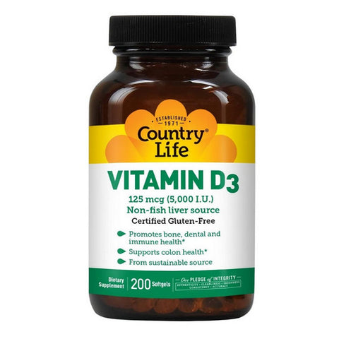 Country Life, Vitamin D3, 125 Mcg, 200 Softgels Country Life