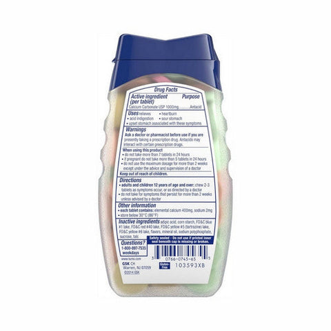 Tums, Calcium Carbonate Antacid Chewable Assorted Fruit, 72 Tabs